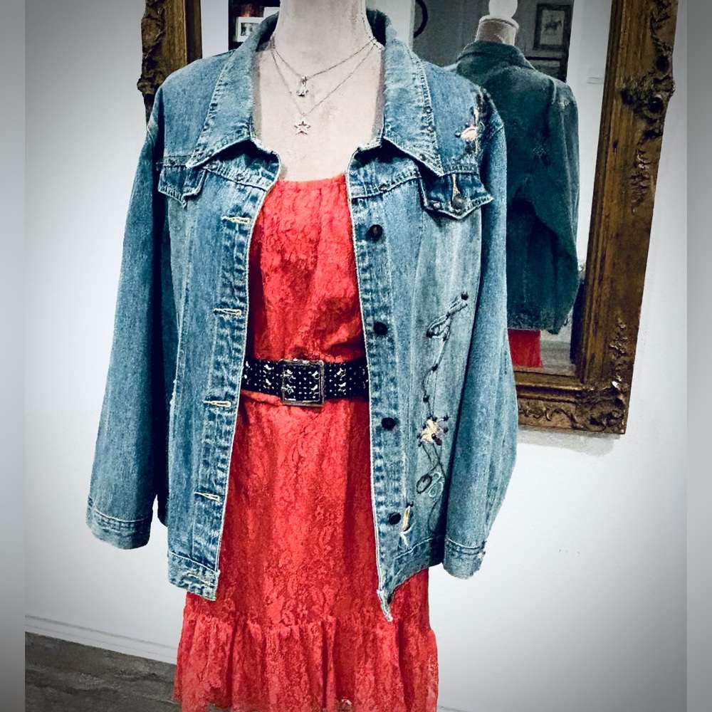 Distressed Jeanology Western Blue Denim Jacket with Floral Embroidery